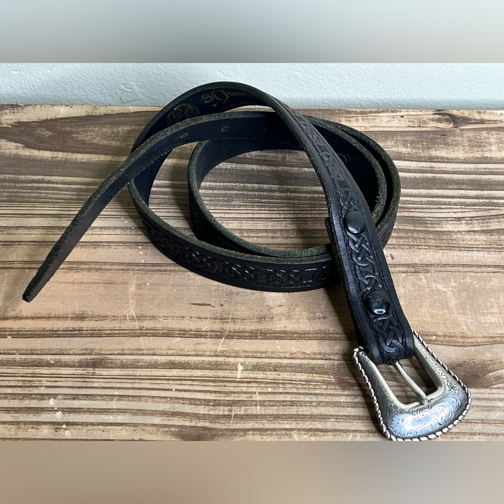 St. Justin Celtic Knot Leather Belt M Removable Buckle Black M Embossed